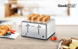 4 piece Ultra Wide Slot Toaster Automatic Multi-stove Breakfast Toast SUS304 Dual Control Panel 6 Bake Browning Level High Lift Bar 3 Features-Thaw /